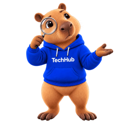 Капібара TechHub із лупою шукає